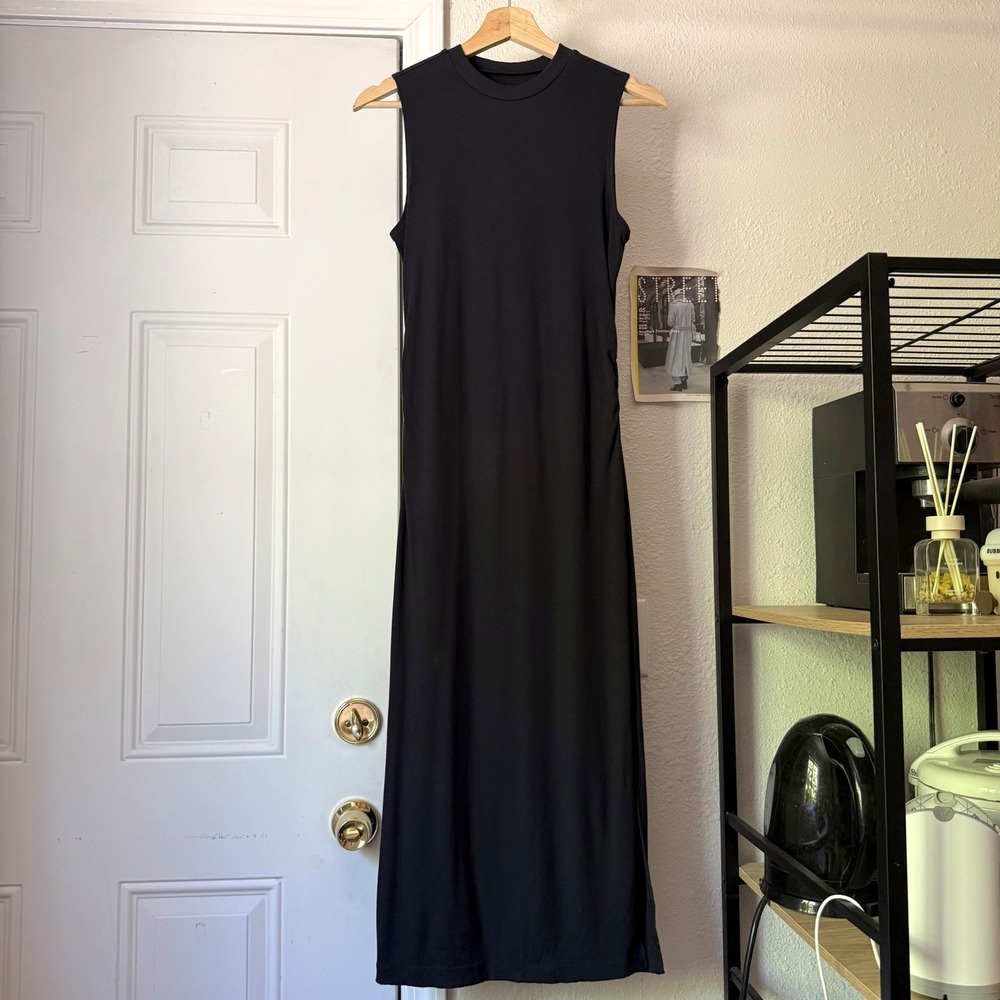 VUORI black modal athletic rib ribbed knit ruched sleeveless midi dress